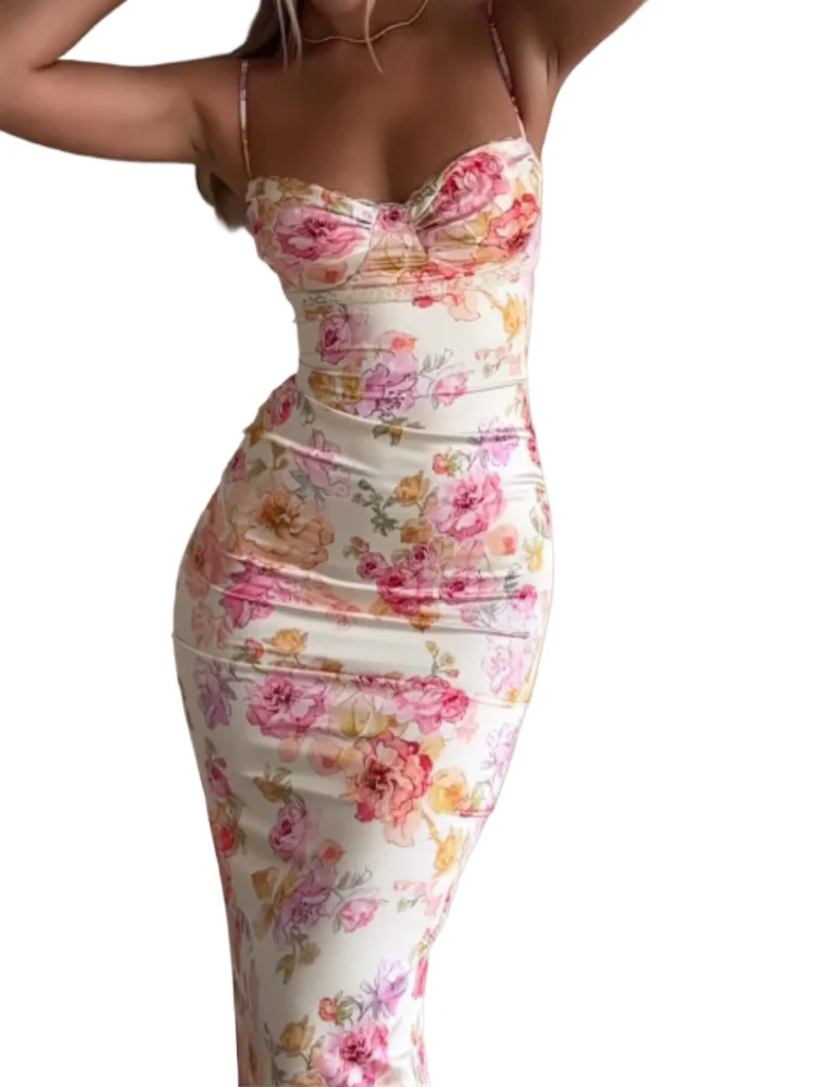 

Elegant Sexy Print Dress Lady Fashion Sleeveless Spaghetti Strap V Neck Slim Dresses Women Holiday Womens Clothing Robe Femme