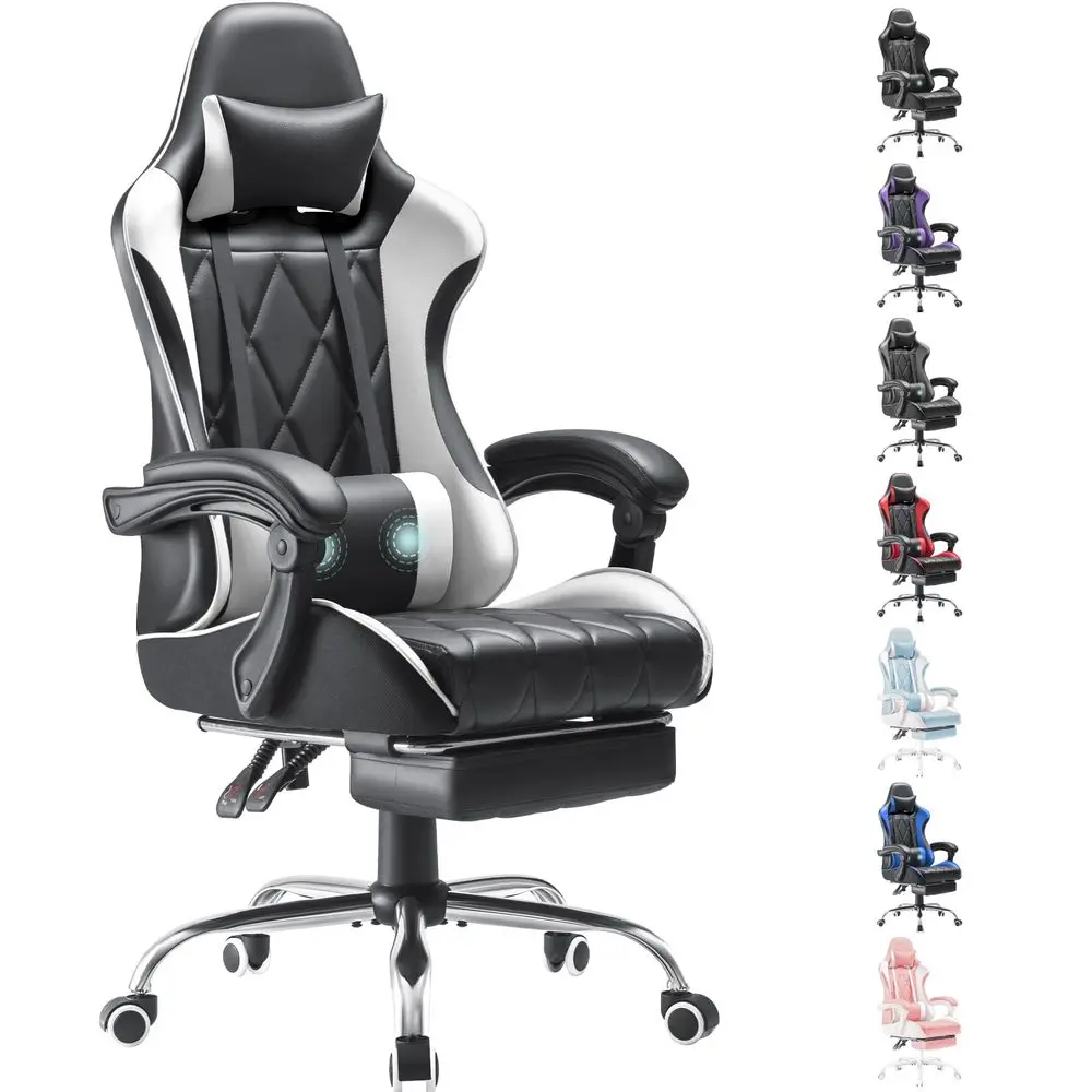 Cadeira Gamer, Cadeira de Computador com Apoio para os Pés e Suporte Lombar com Massagem, Cadeira Ergonômica de Encosto Alto para Videogame com Assento Giratório