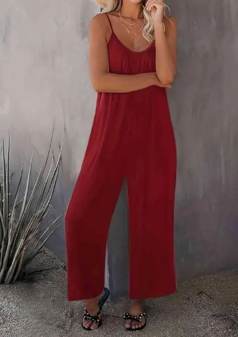 Summer New Solid Color Round Neck Sleeveless Camisole Jumpsuit Women's Casual Vacation Style Loose Wide Leg Jumpsuit