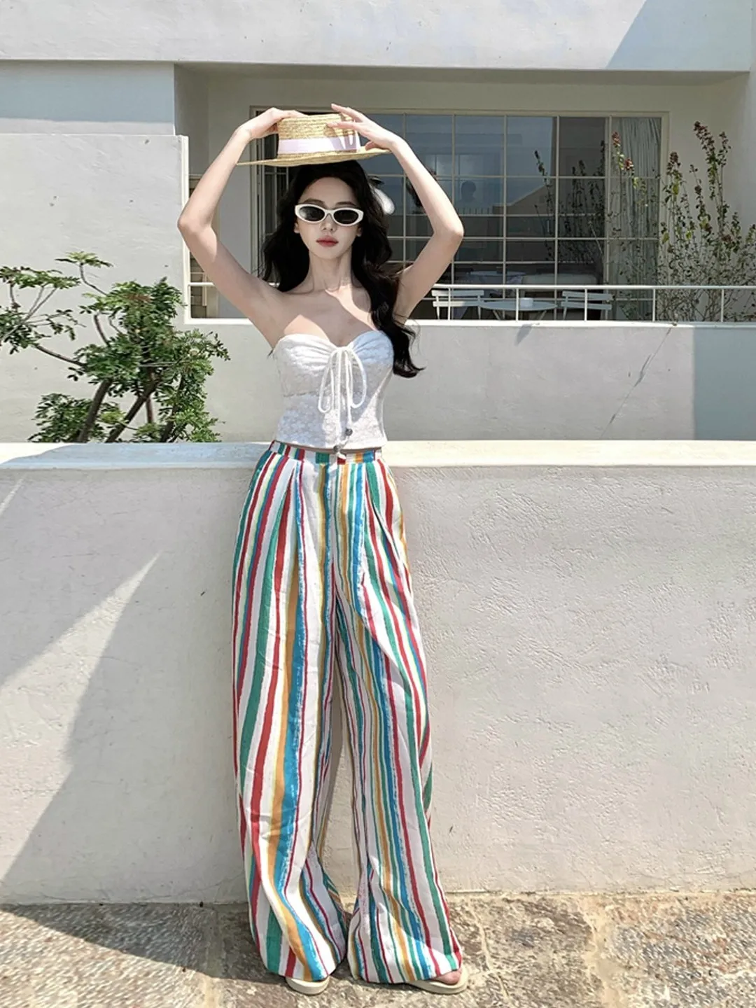 

Летние широкие брюки в радужную полоску, женские тонкие модели, комплект одежды OOTD, пляжный праздничный комплект, длинные брюки из полиэстера