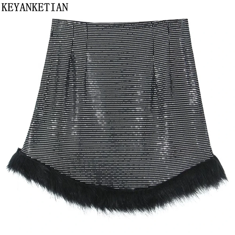 

KEYANKETIAN summer new women's feather splicing sequin half skirt sexy fashion high waist shiny bag buttock A-line mini skirt