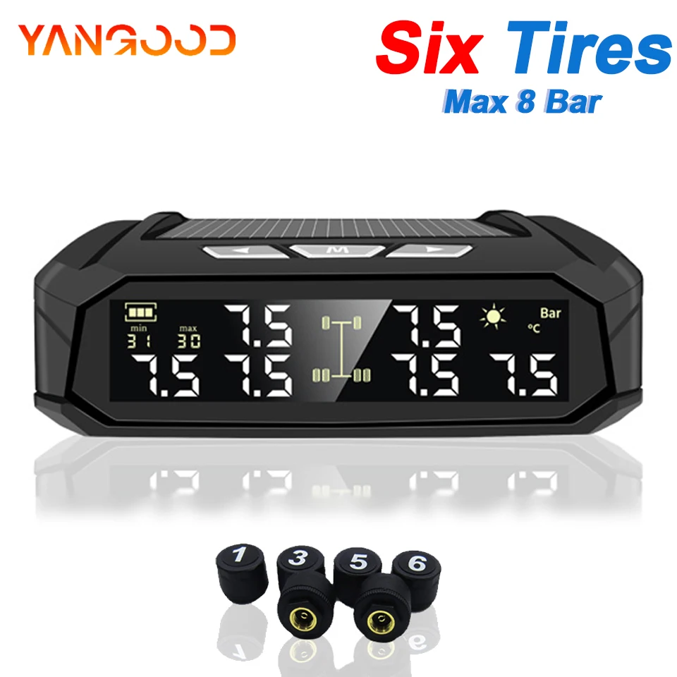 

Система контроля давления в шинах Yangood с 6 датчиками, внешние датчики температуры и давления воздуха в шинах, автозапчасти ﻿