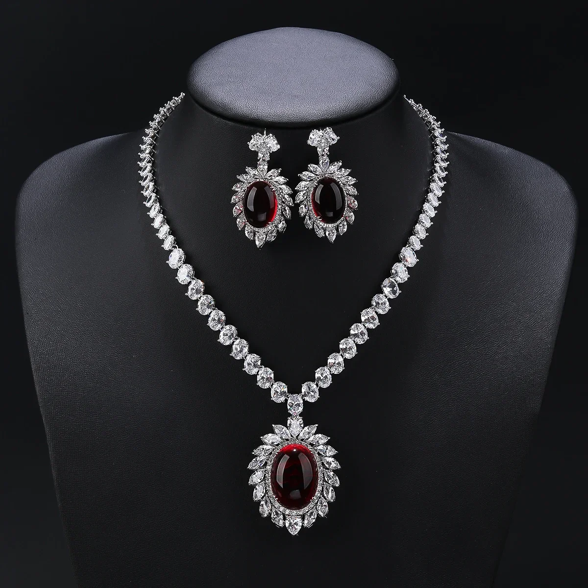 Luxury Blue,Red, Green,Imitation Agate Stone Cubic Zirconia Pendant Necklace Earrings Set Bridal Wedding Jewelry Gift CN11333