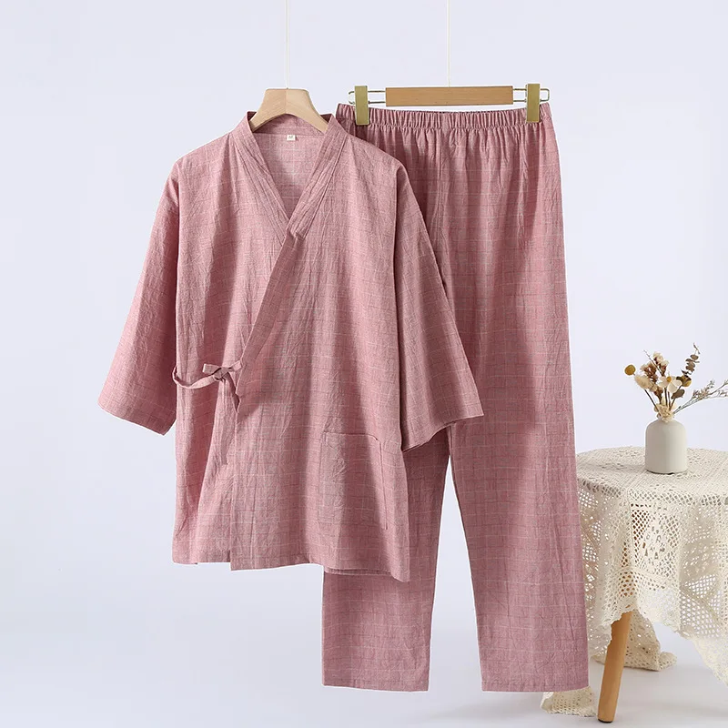 

Japanese Couple Kimono Pajamas Pure Cotton Yarn Seven-quarter Sleeve Trousers Loungewear Set Thin Loose Sweat Steamed Clothes