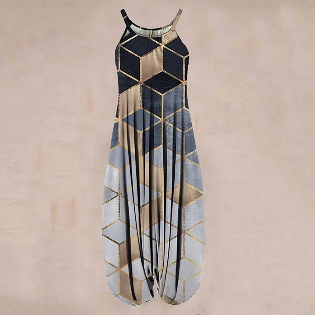 Jumpsuit Selempang Wanita Terusan Kaki Lebar Jumpsuit Romper Harem Longgar Geometris Boho Motif Bunga Tanpa Lengan Garmen Wanita Musim Panas