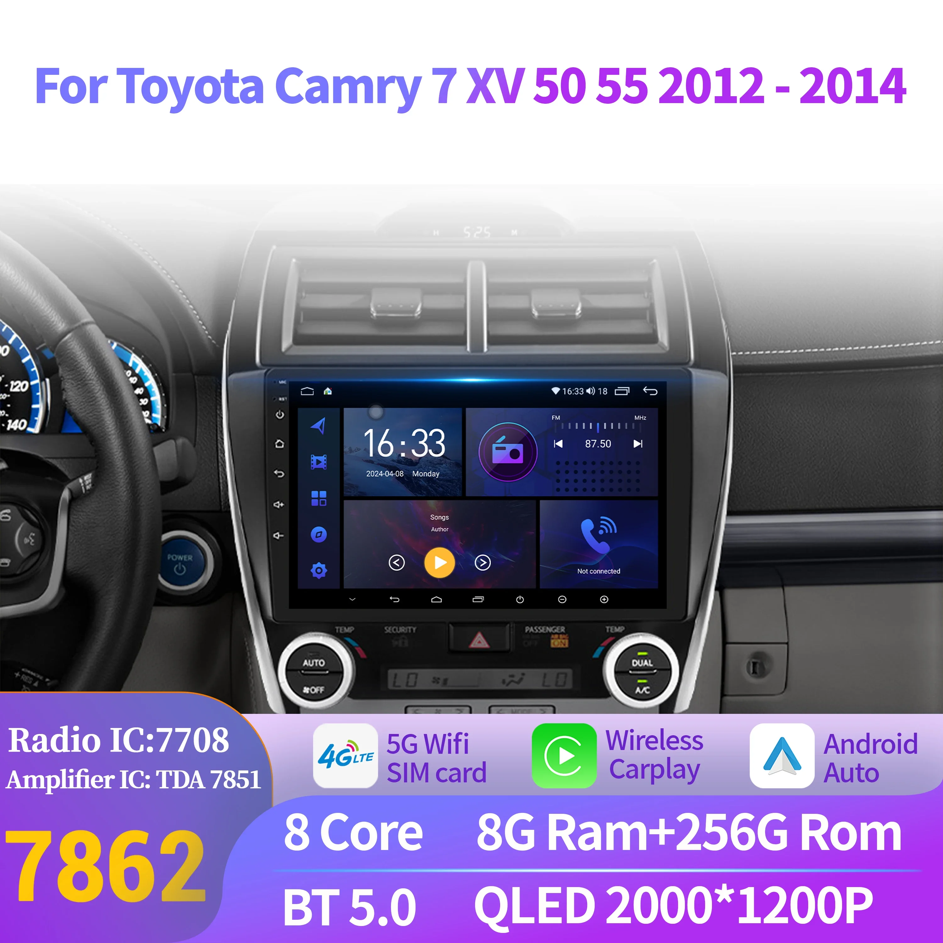 

Car Radio Android 14 For Toyota Camry 7 XV 50 55 2012-2014 Navigation Multimedia Wireless BT Carplay 7862 8G 256G 2K QLED Screen