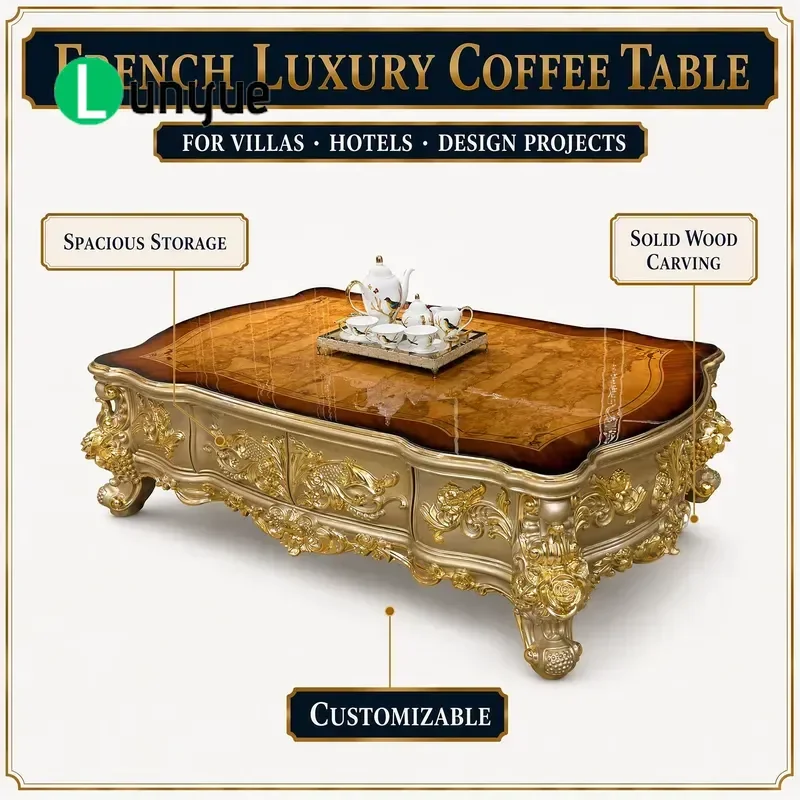 French Solid Wood Coffee Table European Luxury Carved Rectangular Neoclassical Living Room Furniture Durable Elegant Home