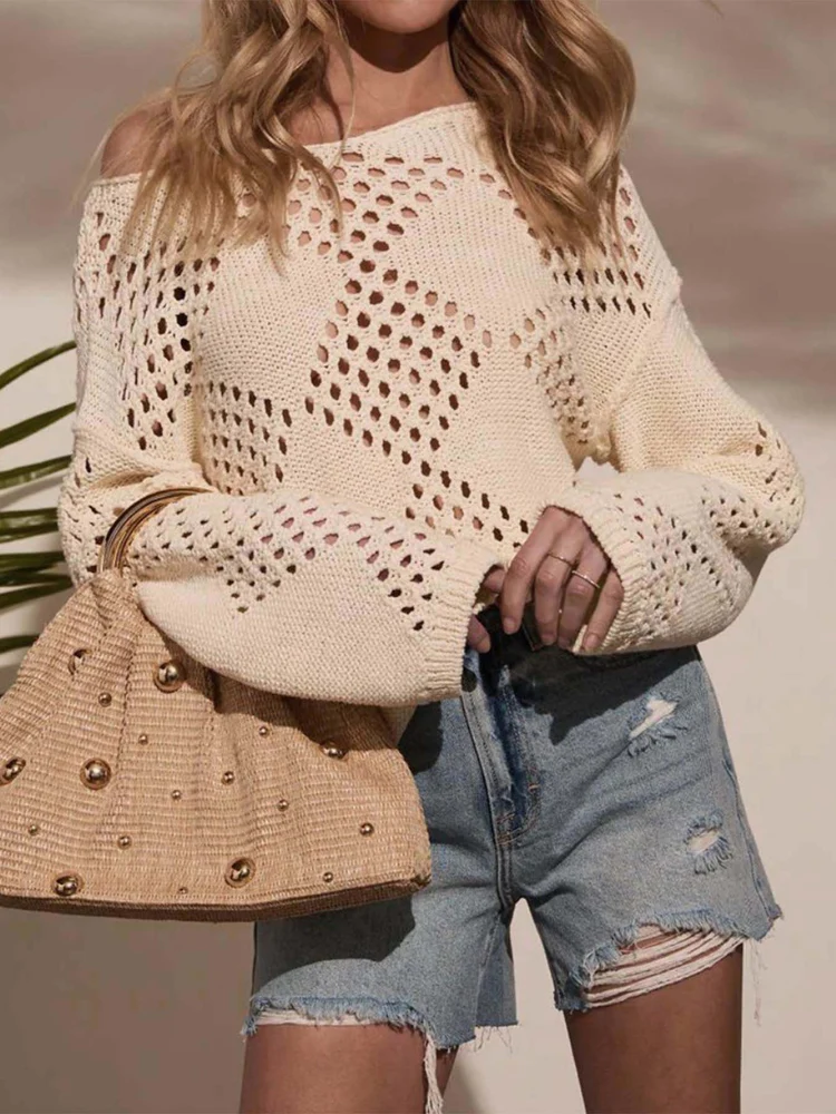 

New Autumn Fashion Woman's Hollow Out Sweater,Long Sleeve Sweater,Beige Sweater,Cozy Sweater,Pullovers,Off The Shoulder Sweaters