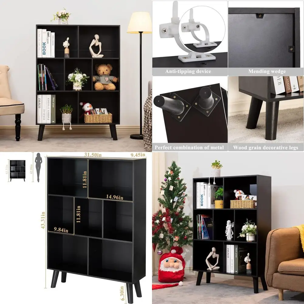 

Contemporary 3-Tier Wooden Bookshelf with Legs, Cube Storage Organizer, Freestanding Compact Bookcases