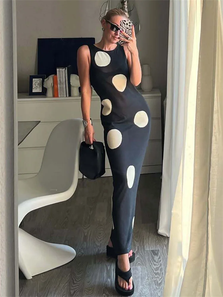 

Tossy Knitwear Summer Contrast Dress For Women Sleeveless Loose Casual Beach Holiday Party Dress Female Knit See-Through Dress