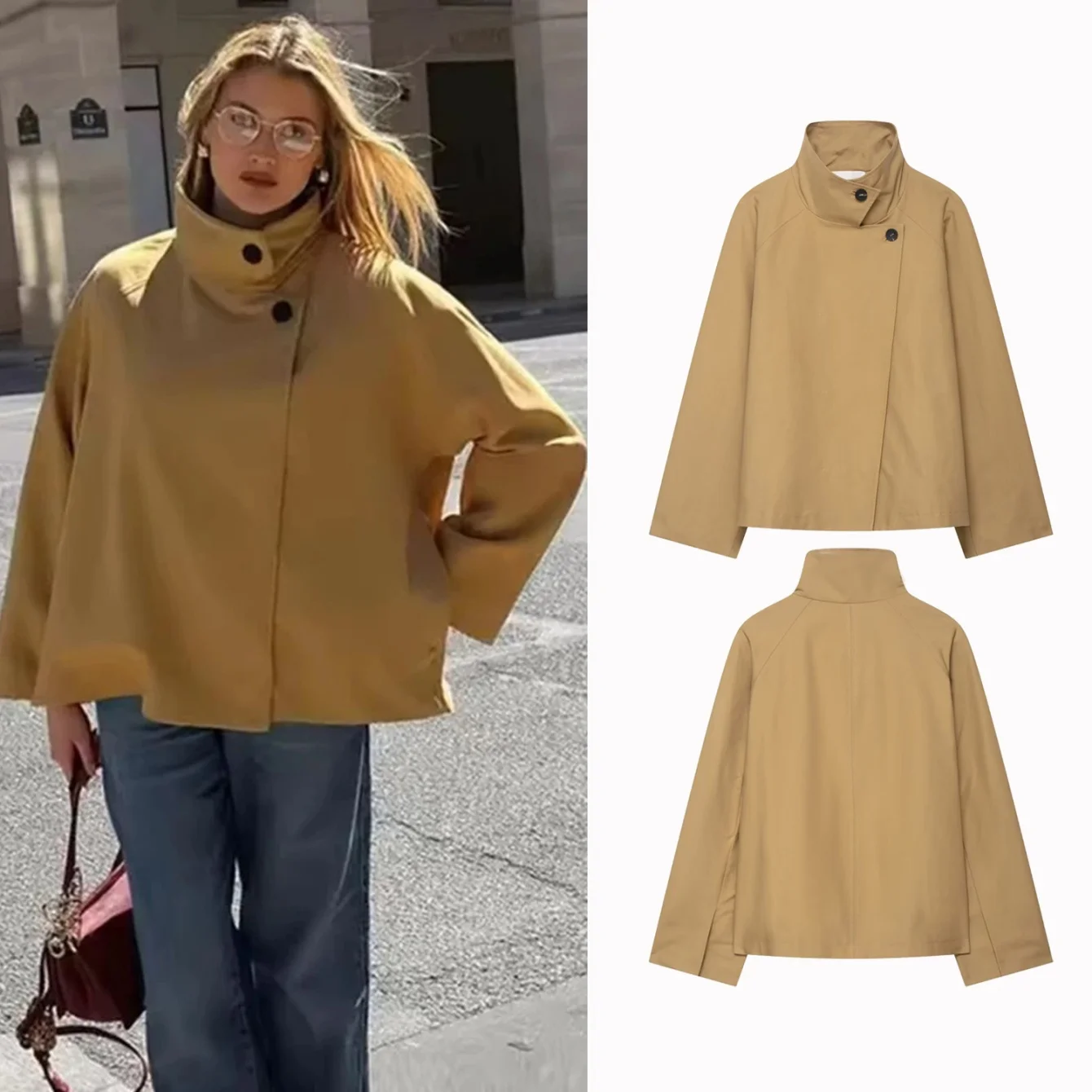 

Female Windbreaker Jackets Coat Long Sleeve Simple Style Stand Collar Elegant Button Up Short Fashion Autumn Jackets Streetwear