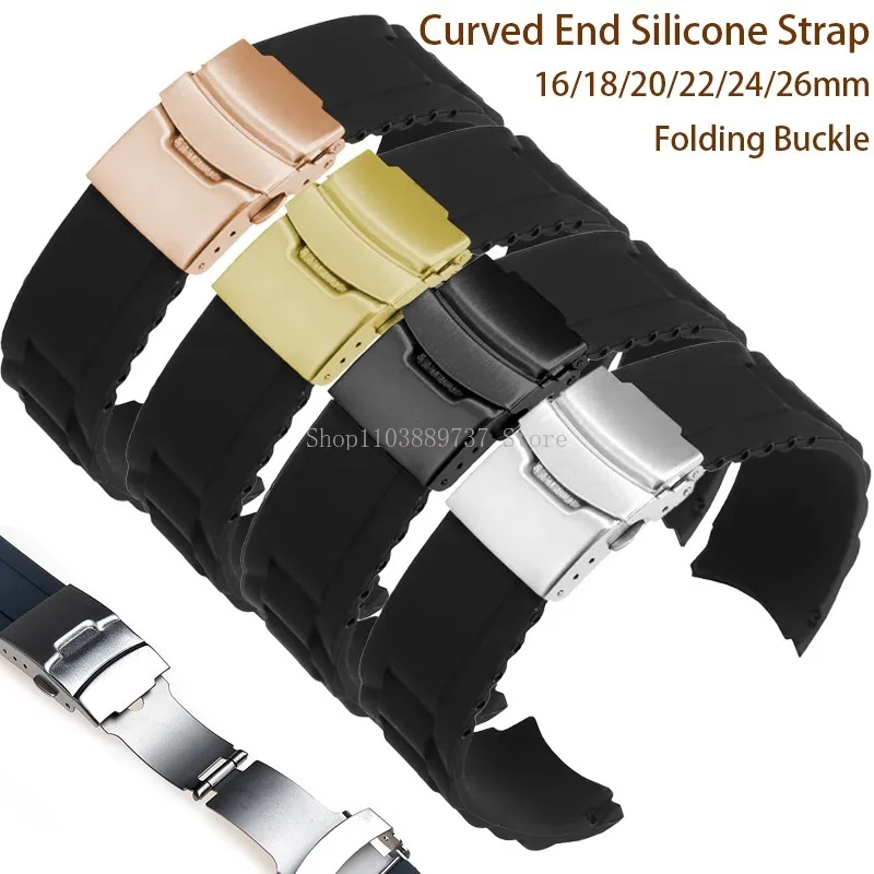 Silicone WatchBand 16mm 18mm 20mm 22mm 24mm 26mm Curved End Strap Folding Buckle Sport Bracelets Men Women Replacement Wristband