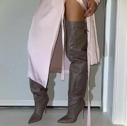 

Drop Shipping Grey Black White Leather Two Pockets Stiletto Heels Over The Knee Thigh Long Boots Party Run Way Botas Shoes Lady