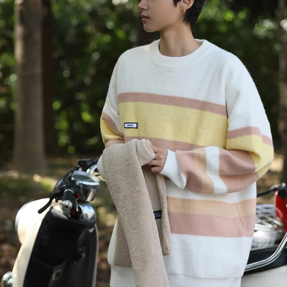 الخريف الشتاء الرجال الكورية Sle في سن المراهقة مخطط تريكو Faionable تنوعا اللون بلو كسول جولة Ne البلوز سترة