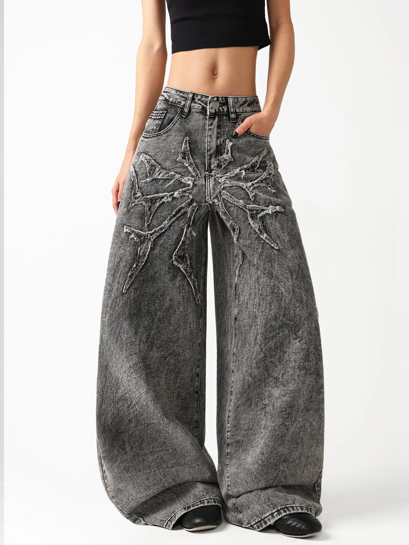 American Style High Waisted Floor Mopping Wide Leg Y2K Star Shaped Fringed Fabric With Embroidered Back Pocket Jeans