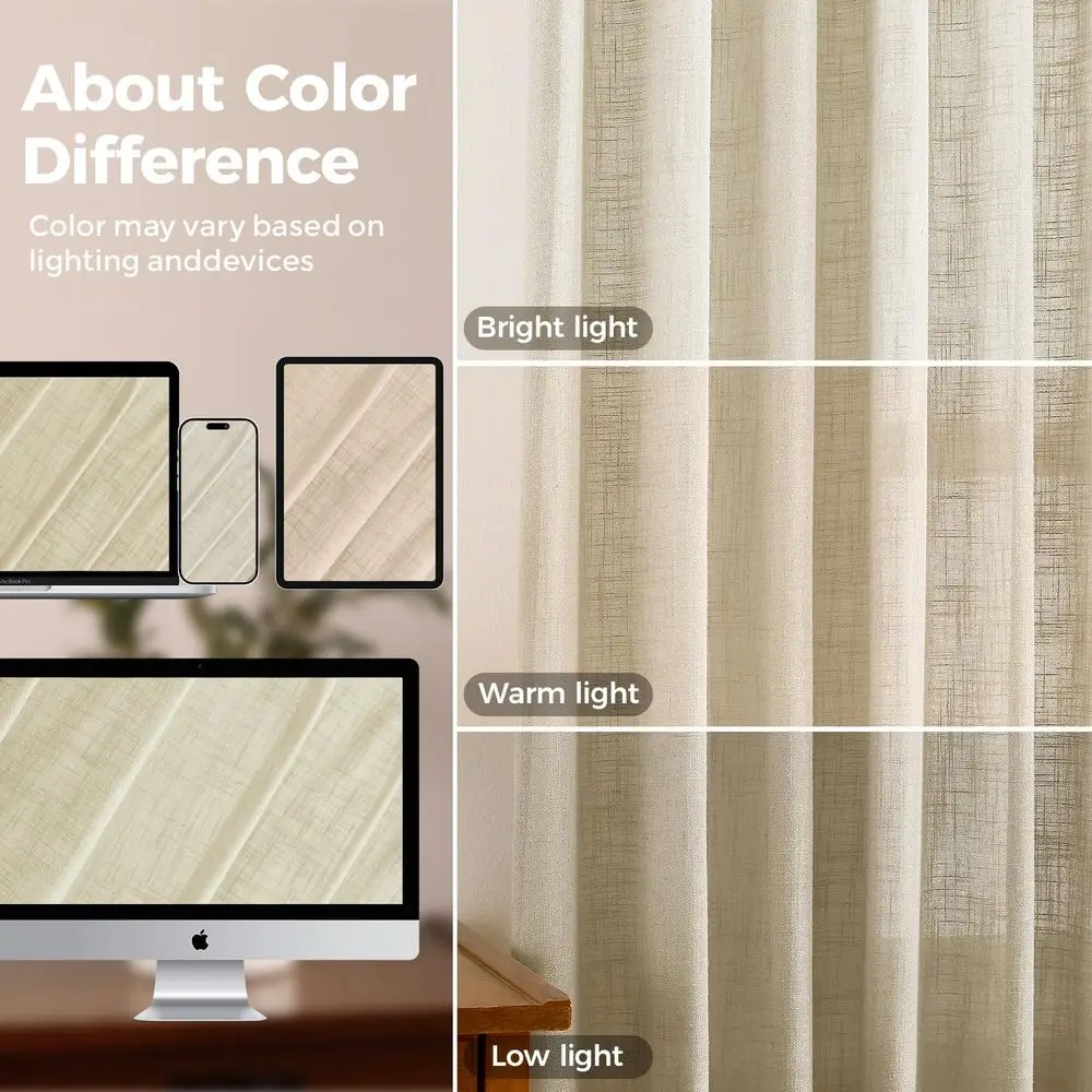 Linnen gordijnen met knijpplooi in boerderijstijl, semi-transparante lichtfiltering, 90 lengte, set van 2 panelen