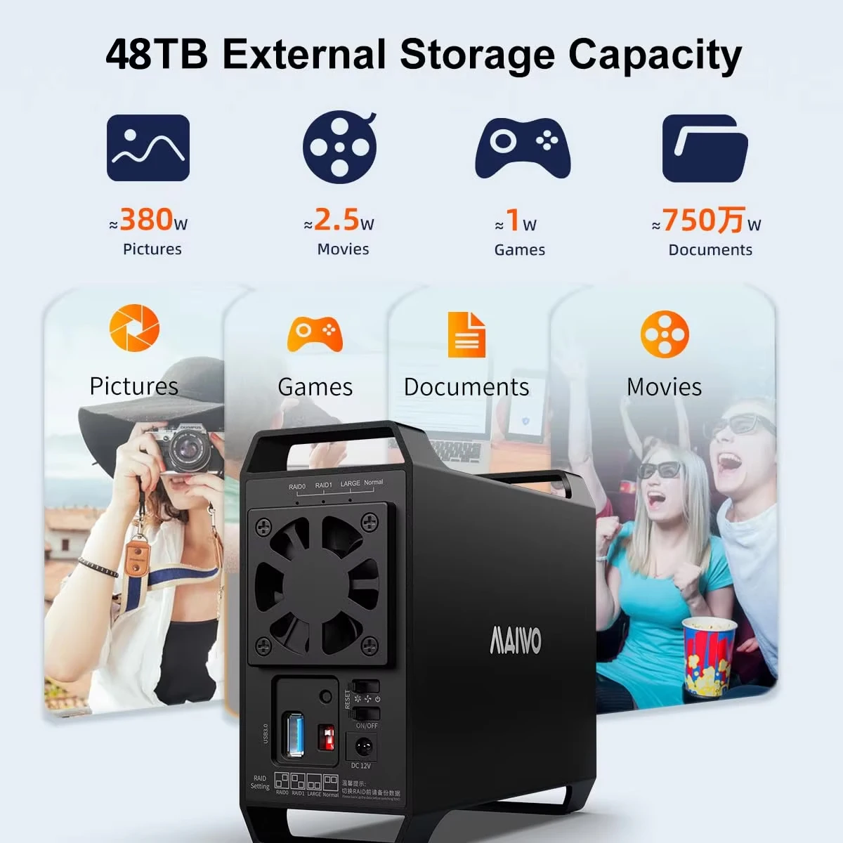 Obudowa MAIWO 2 Bay Raid na 2 dyski 3.5 cala SATA z 4 trybami Raid, adapter USB3.0 do dysków twardych o pojemności do 48 TB z wentylatorem chłodzącym — zdjęcie produktu 5