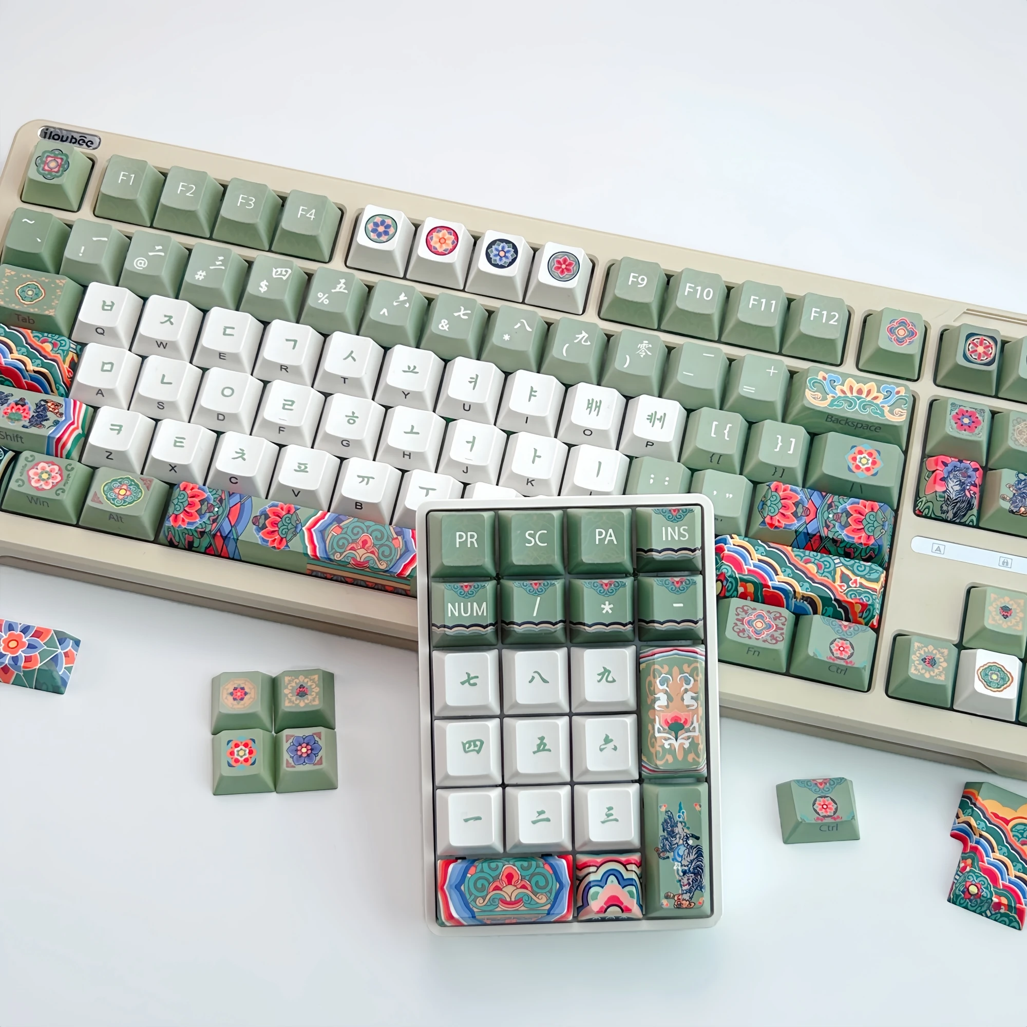 MAIMOOO Korean Dancheong Keycaps Green Retro Architecture Side Engraved Keyboard Caps Cherry Profile PBT Custom Hangul  