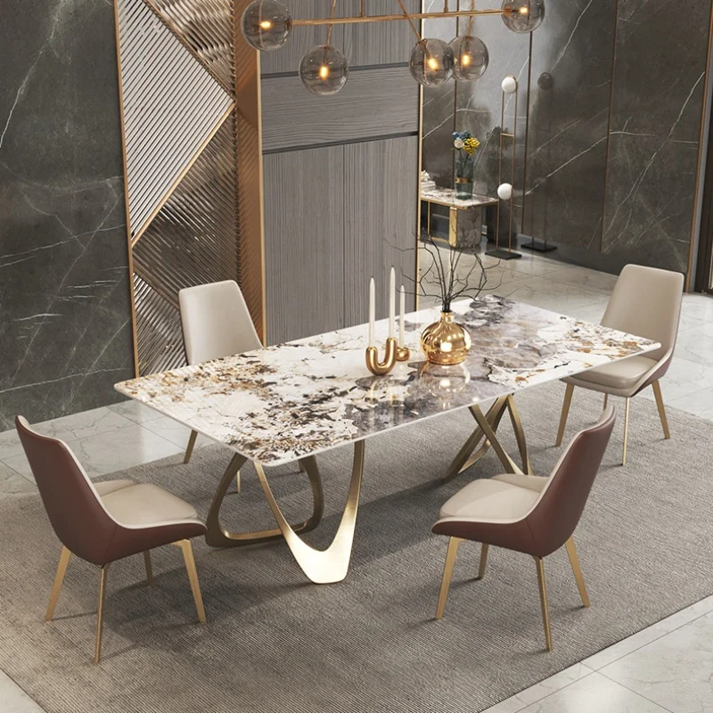 

High-End Contemporary Dining Table Set Shiny Rock Slab Extension with 6 Chairs Luxury Modern Home Furniture