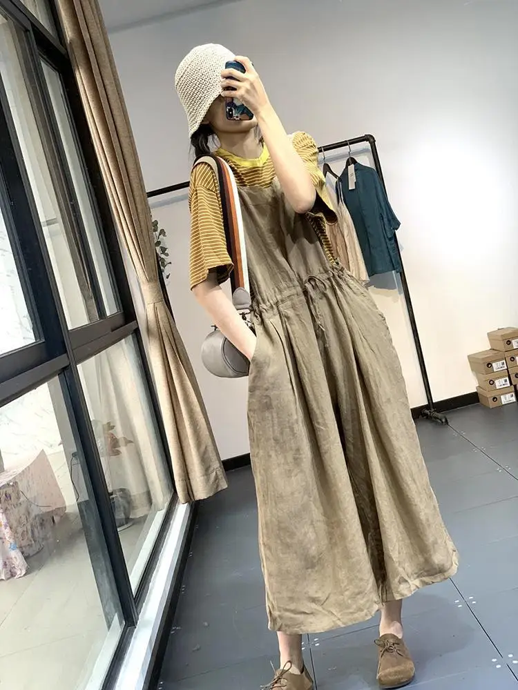 Linen Jumpsuits for Women Loose Waist Drawstring Playsuits Safari Style One Piece Outfit Women Casual Cropped Wide Leg Pants