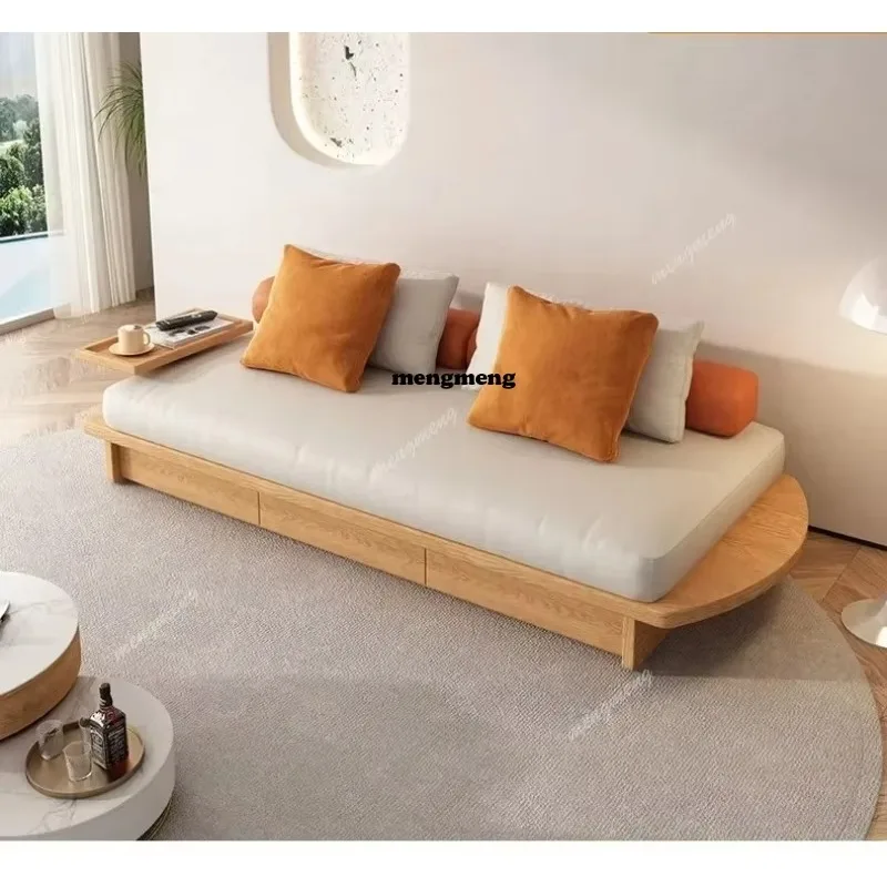 E182 living room, small apartment, drawer storage, double three-person log cloth art, wabi sabi wind solid wood sofa bed