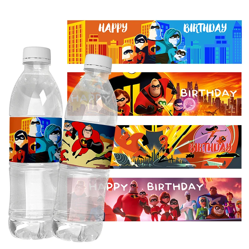 6pcs Disney The Incredibles Stickers Water Bottle Labels Customized Baby Shower Welcome Kids Birthday Baptism Decoration packing