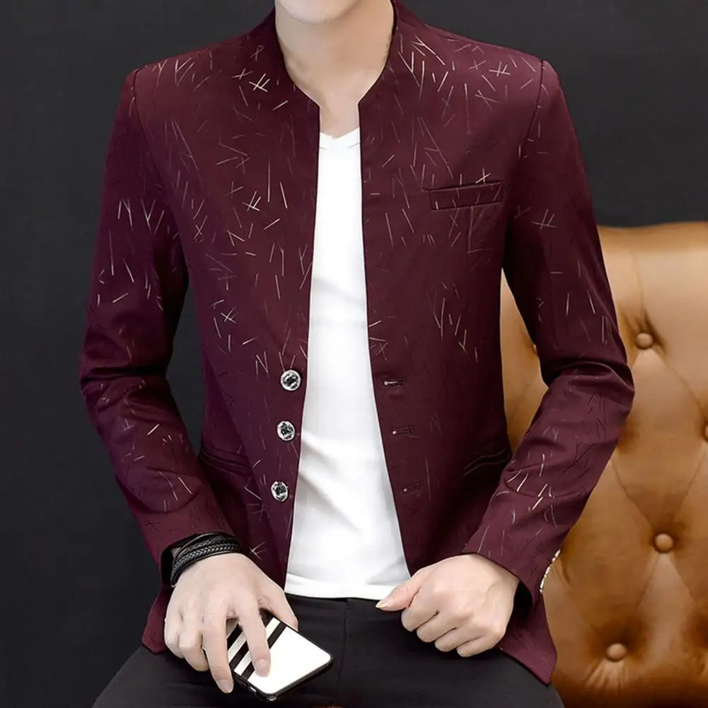 

2026 Men Blazer Slim Fit Casual Stovepipe Lapel Print Business Single-breasted Suit Jacket Vintage Print Fake Pockets Blazer