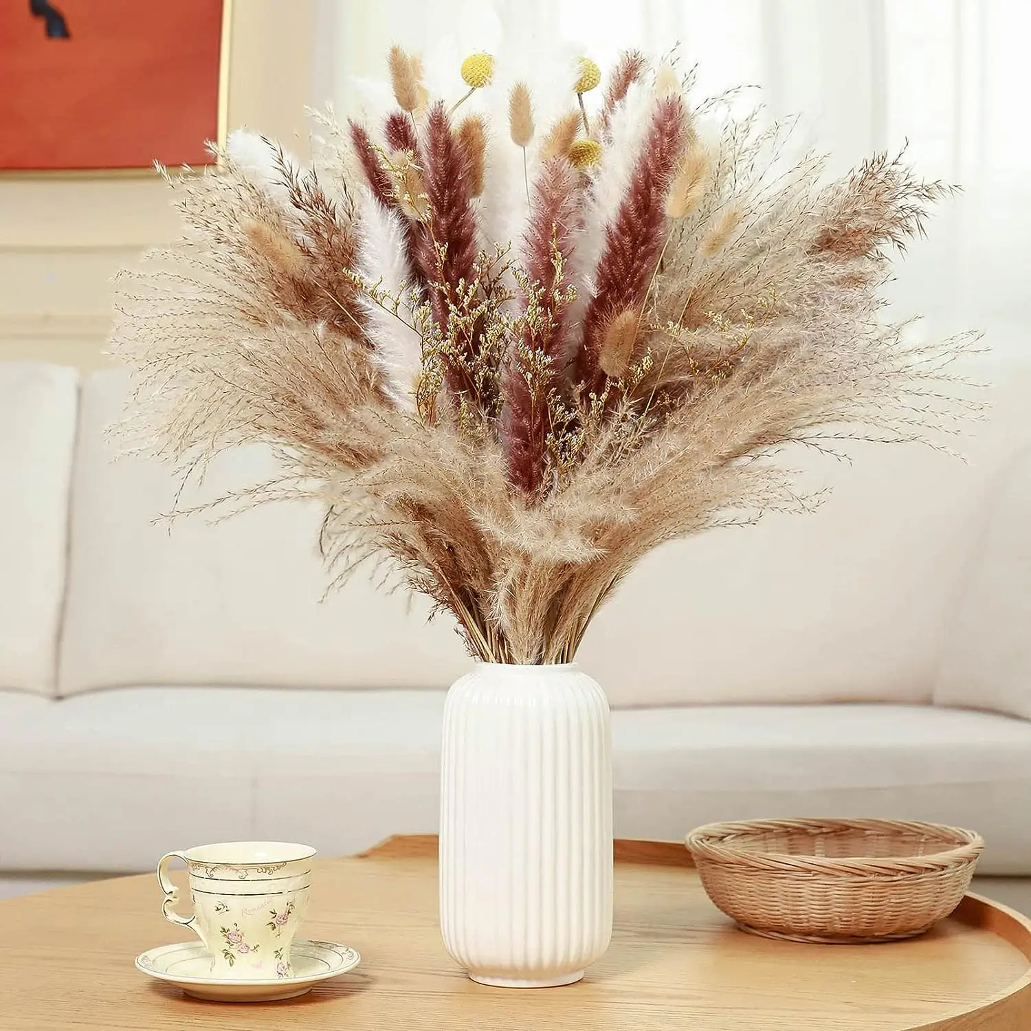 

120 Pcs Dried Pampas Grass Bouquet Artificial Flower Arrangements with Vase Boho Dining Table Centerpiece Coffee Table Home Deco