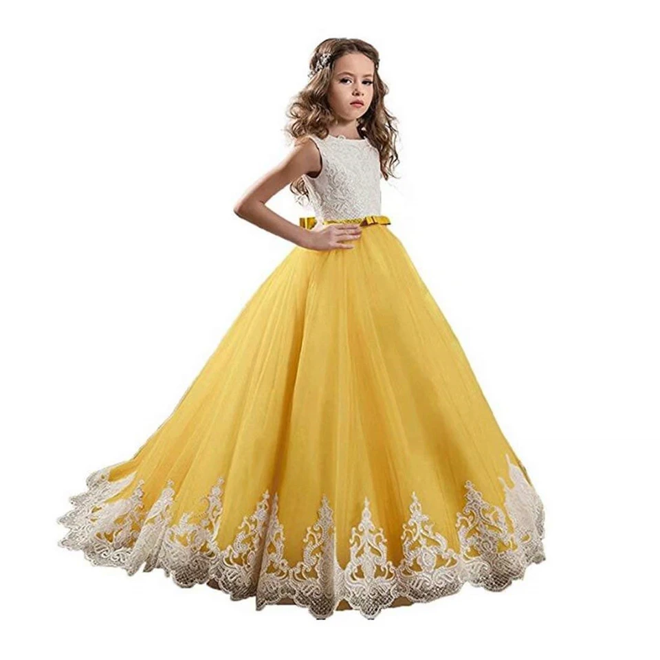 HYGLJL-vestidos de encaje de flores para niñas, vestidos sin mangas para bodas, baile de graduación, Princesa, vestido de desfile con pretina, vestidos de baile de tul para niños