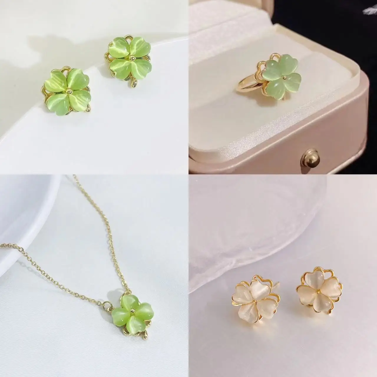 2023 New Fashion Opal Jewelry Green Four Leaf Grass Rotating Earrings for Women Luxury Necklace Premium Flower Ring Wholesale