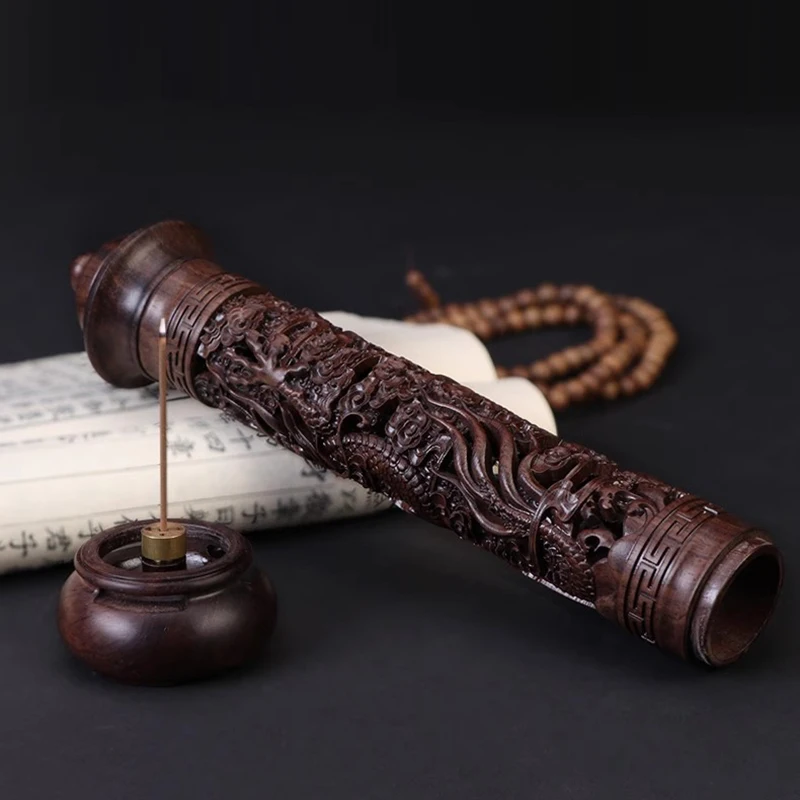 29cm Black Sandalwood Carving Dragon Incense Burner Redwood Solid OUD Stick Incense Holder Living Room Decorations Wooden censer