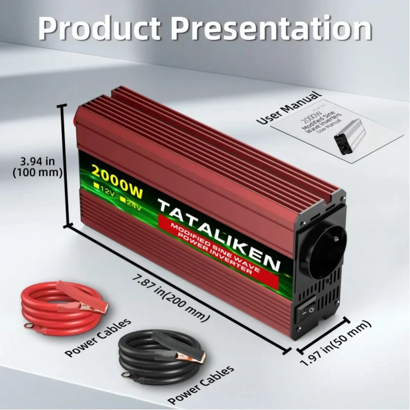 Przenośny inwerter napięcia 24V na 220V 50HZ 2000W 4000W z gniazdem USB i gniazdem EU, wentylatorem termicznym, do kempingu, kampera, na zewnątrz, jako zasilanie awaryjne — 2