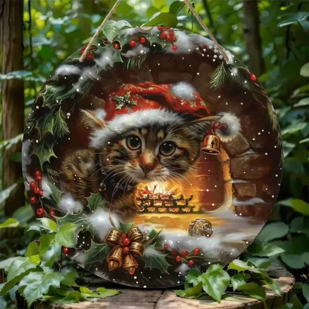 2D Retro Christmas Cat Circular Wooden Sign, Suitable for Home, Living Room, Office, Caf É, Garage, Holiday Decoration, Gifts