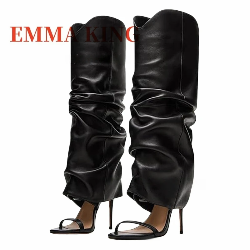 مثير المفتوحة تو حذاء بكعب عالٍ للركبة أسود بولي Leather جلد خنجر عالية الكعب مطوي أحذية الصيف النساء الفاخرة تصميم بوتاس دي Mujer