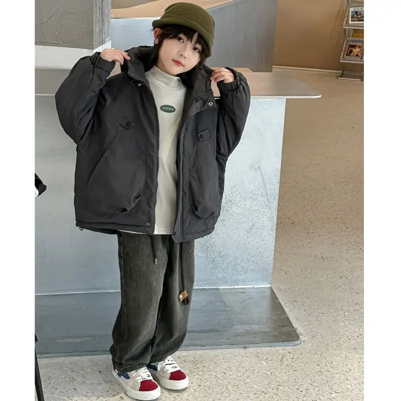 

4-16Y Kids Padded Utility Jacket Autumn Winter 2025 New Thick Cotton Hooded Coat Boys Insulated Parka for Cold Weather