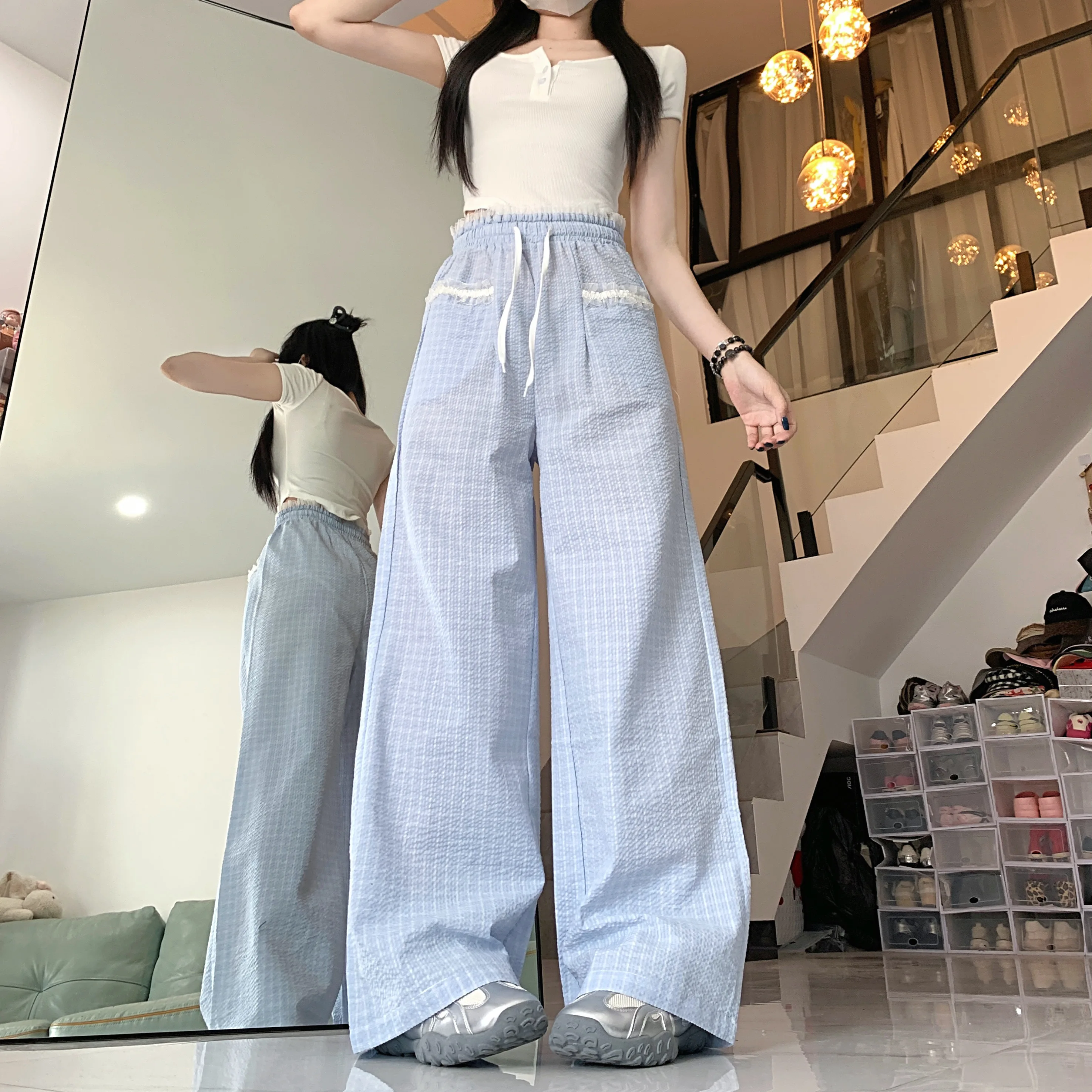 

Women's Blue Plaid Lace Splicing Elastic Waist Pants Harajuku Y2k Korean Fashion Gentle High Waist Loose Wide Leg Casual Pants