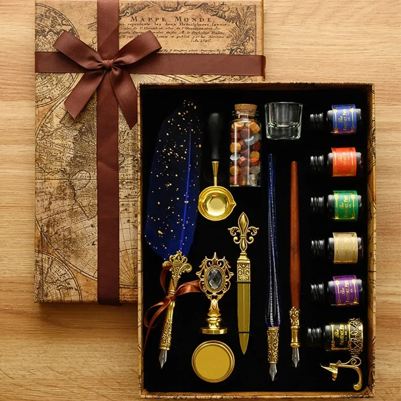 

Retro Feather Pen Gift Box Wax Sealing Stamp Kit Feather Dip Pen And Ink Set Fountain Pen Calligraphy Handwriting Feather Pen