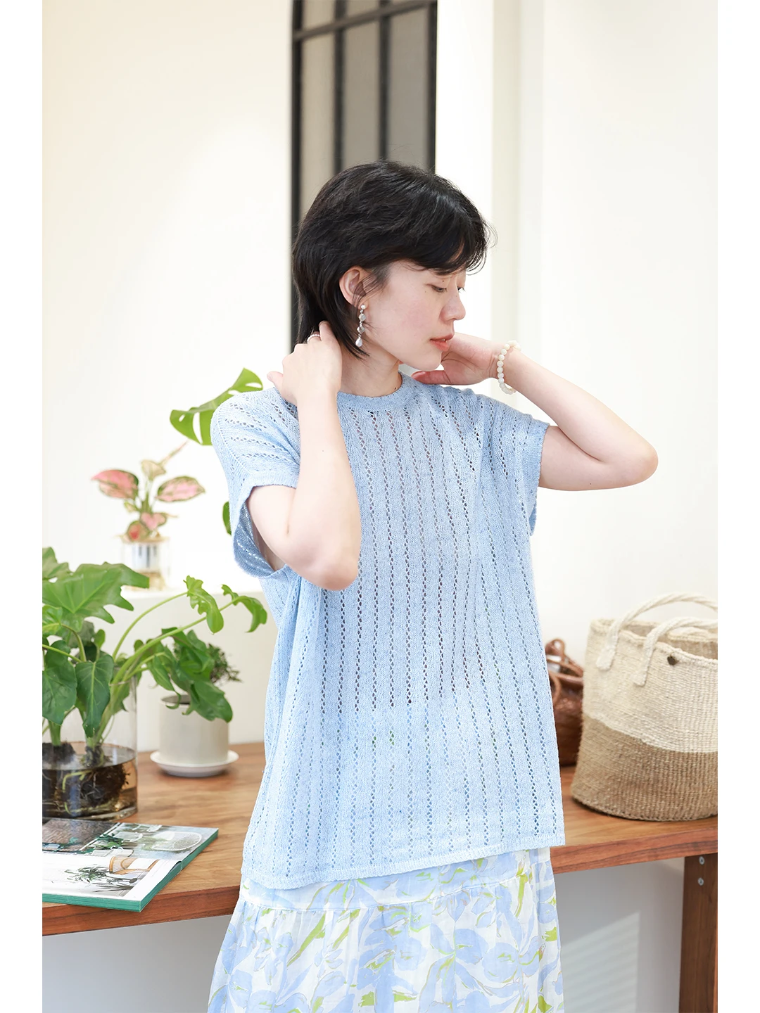 

Linen Knitted Hollow out round Ne Top Women's Loose Fit Layering Sun Protection irt Comfortable Breathable Regenerative F...