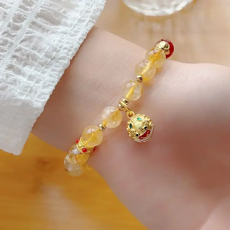 Pulseira feminina citrina natural, despertar joias do sino do leão, pernoite de templo rico mesmo estilo, presente de namorada de alta qualidade, boa sorte, boa sorte