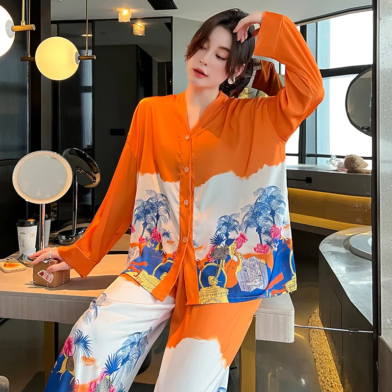 

Весенне-летняя Домашняя одежда, атласная пижама, одежда для сна, Женская пижама с длинным рукавом, V-образная Пижама, брюки, костюмы, Повседневная Домашняя одежда, пижамы