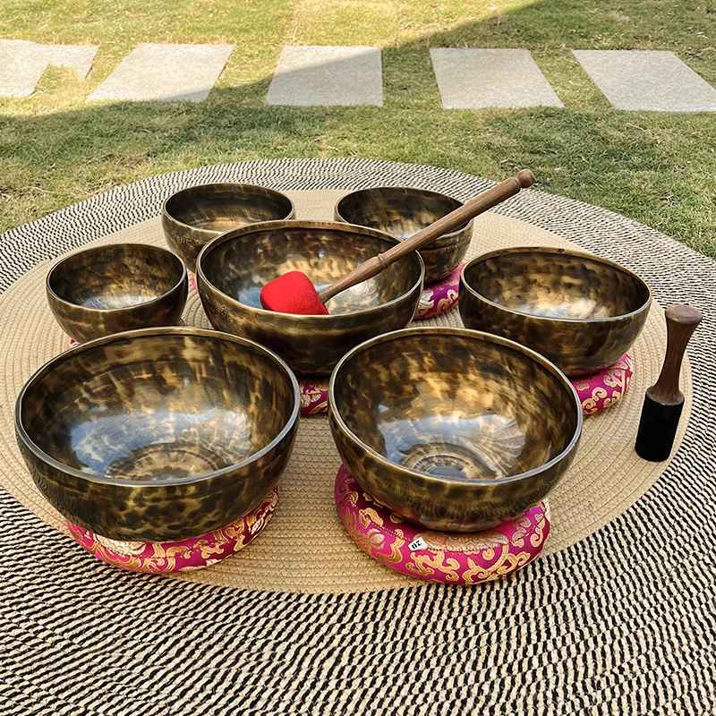 7 Chakra Brass Tibetan Singing Bowls Set Full Moon for Sound Healing Meditation Chakra Balancing Sound Bath