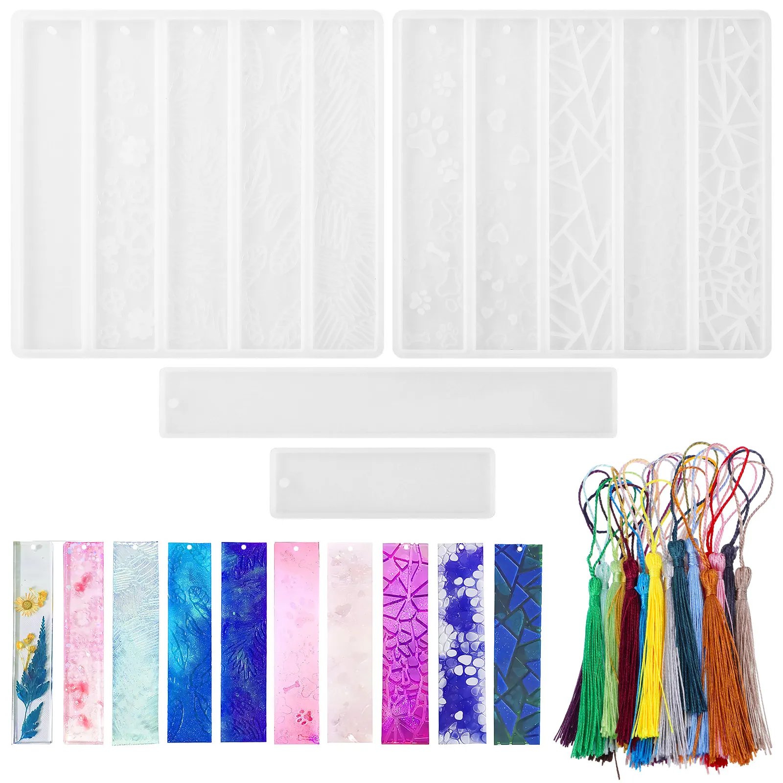 

Набор силиконовых форм для закладок из эпоксидной смолы: прямоугольные формы для творчества и изготовления закладок с аксессуарами-кисточками