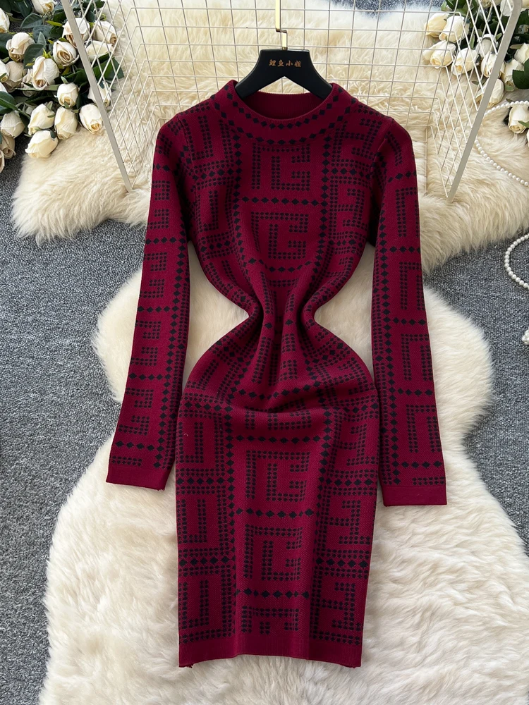 Faionable Geometric Print Knitted Dr Women's High Waist Slim Fit Long Sve Summer Ci Commute A-Line Dr