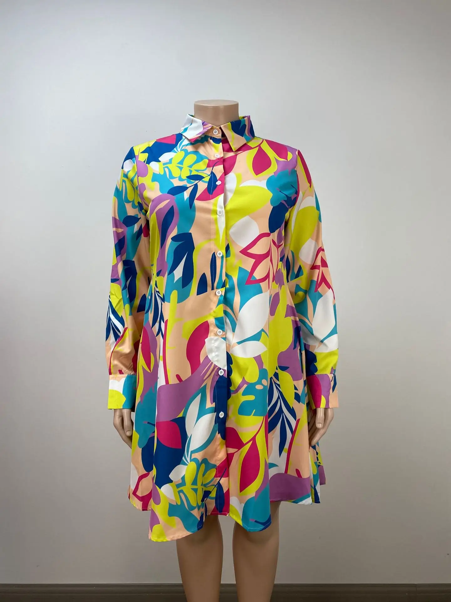 Autmn New Arrival Multicolored Printing Women Shirt Dress Long Sleeve Single-breasted Casual Dresses Real Photo