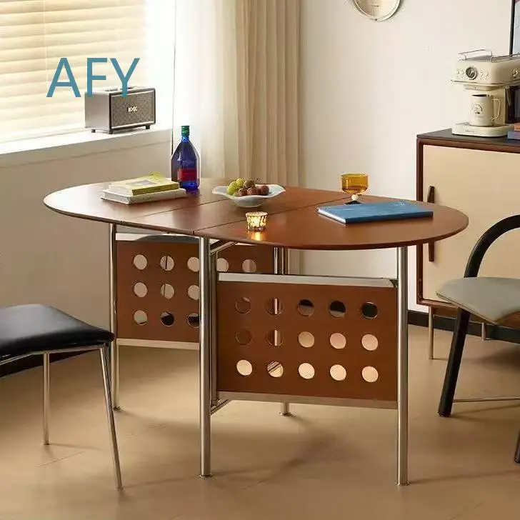 Foldable Rock Slab Dining Table and Chair Set Oval Nordic Rustic Style for Small Apartment Home Use Solid Wood Furniture for