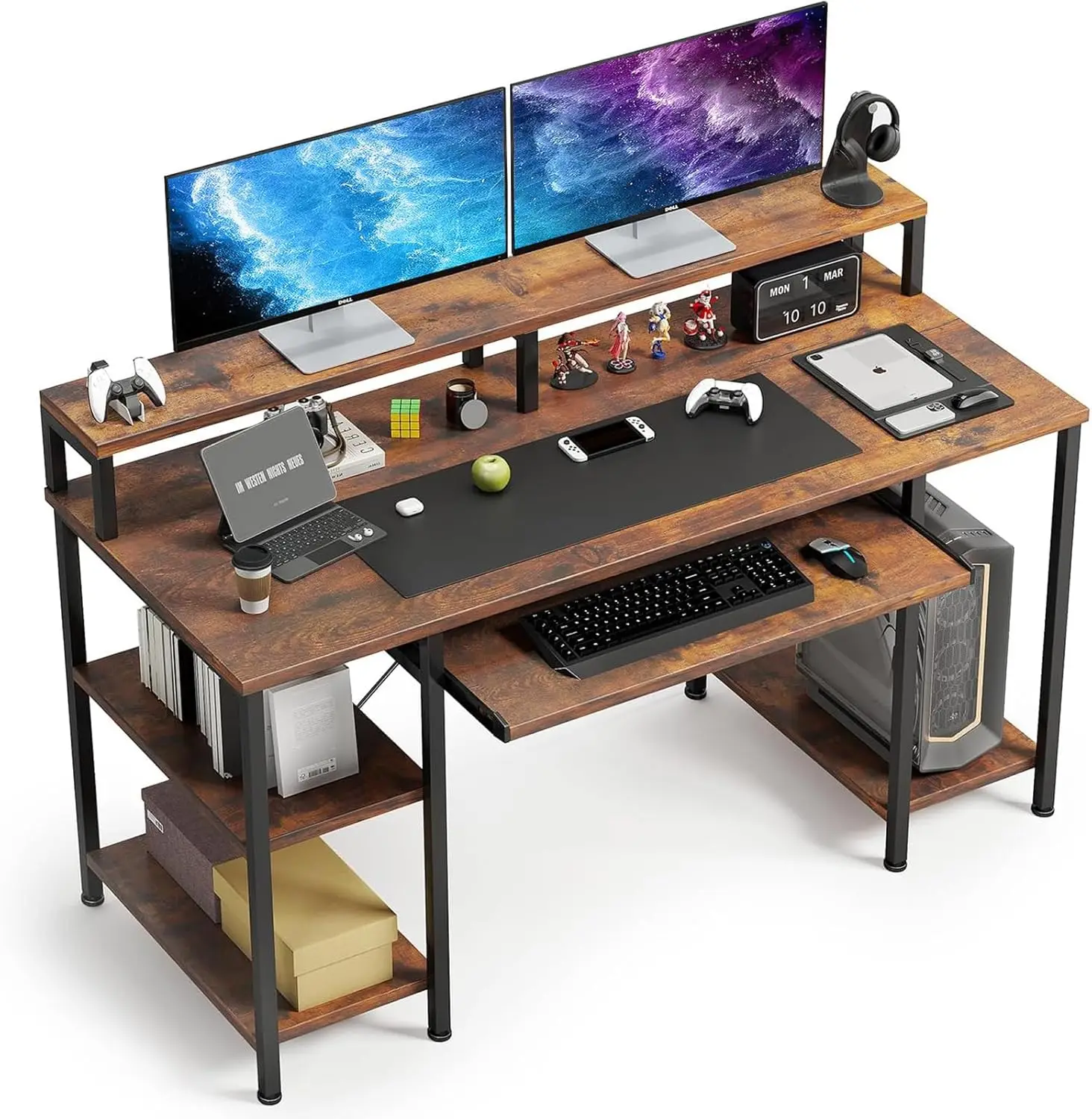 

VERMESS Computer Desk, 48 Inch Home Office Desk, Gaming Desk with Keyboard Tray, Full Monitor Stand, Storage Shelves, CPU Stand