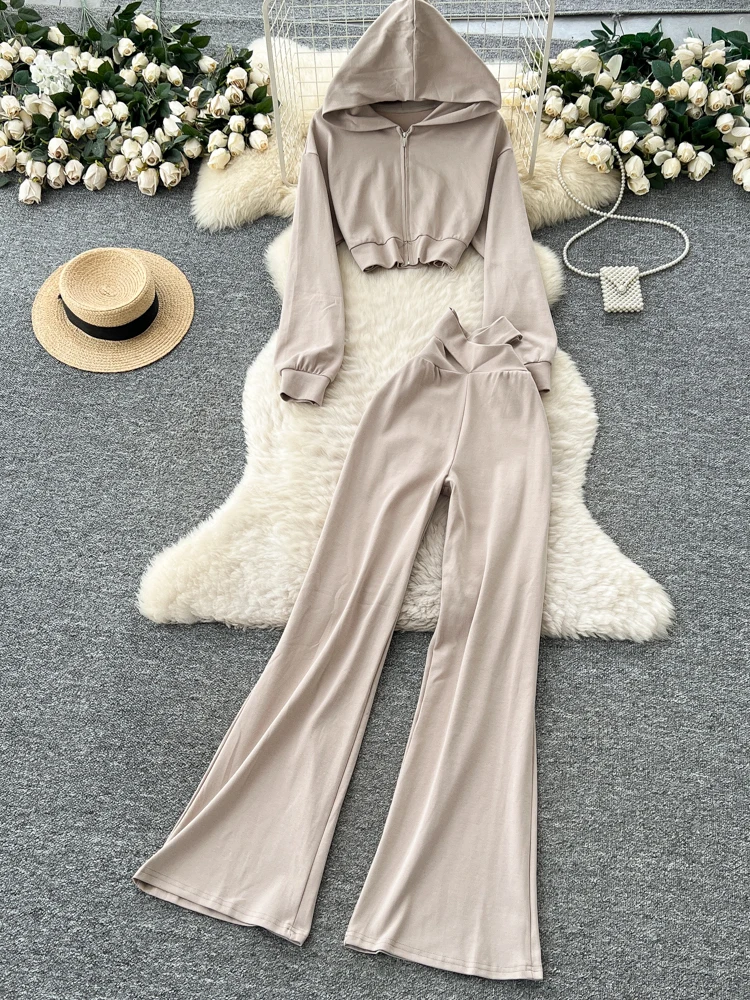 

Женская спортивная повседневная одежда, расклешенные брюки с высокой талией, толстовка с капюшоном, комплект из двух предметов, осенняя модная удобная дышащая одежда