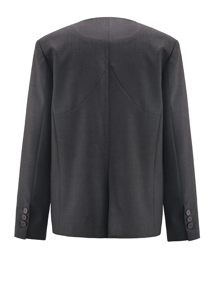 EAM-Blazer gris à manches longues et col rond pour femme, veste irrégulière élégante, bloc de documents, grande taille, nouvelle mode, marée, printemps, automne, 2024 00