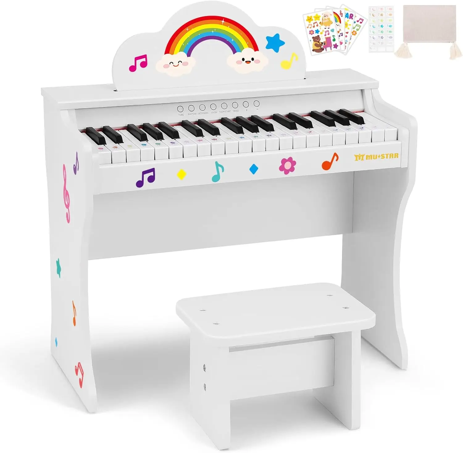 Educational 37-Key Wooden Keyboard Piano for Kids Ages 3+ - Includes Stool, DIY Stickers, Song Book & Cover, Musical Toy for Boys and Girls