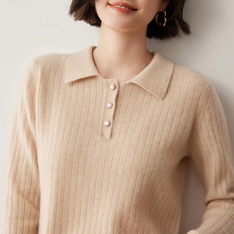 

Autumn Winter 100% Pure Cashmere Pulllover Sweater Women Polo Collar Button Soild Office Lady Staple Knit Coats Soft Comfort